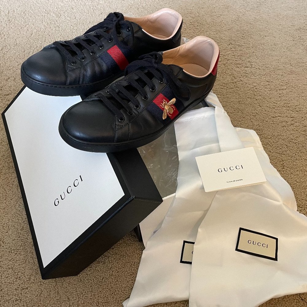 Gucci Ace Embroidered Black Leather Sneaker 429446 (made in Italy)